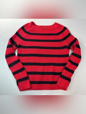 Express Red Black Striped Crewneck Sweater Small Cut Out Sides